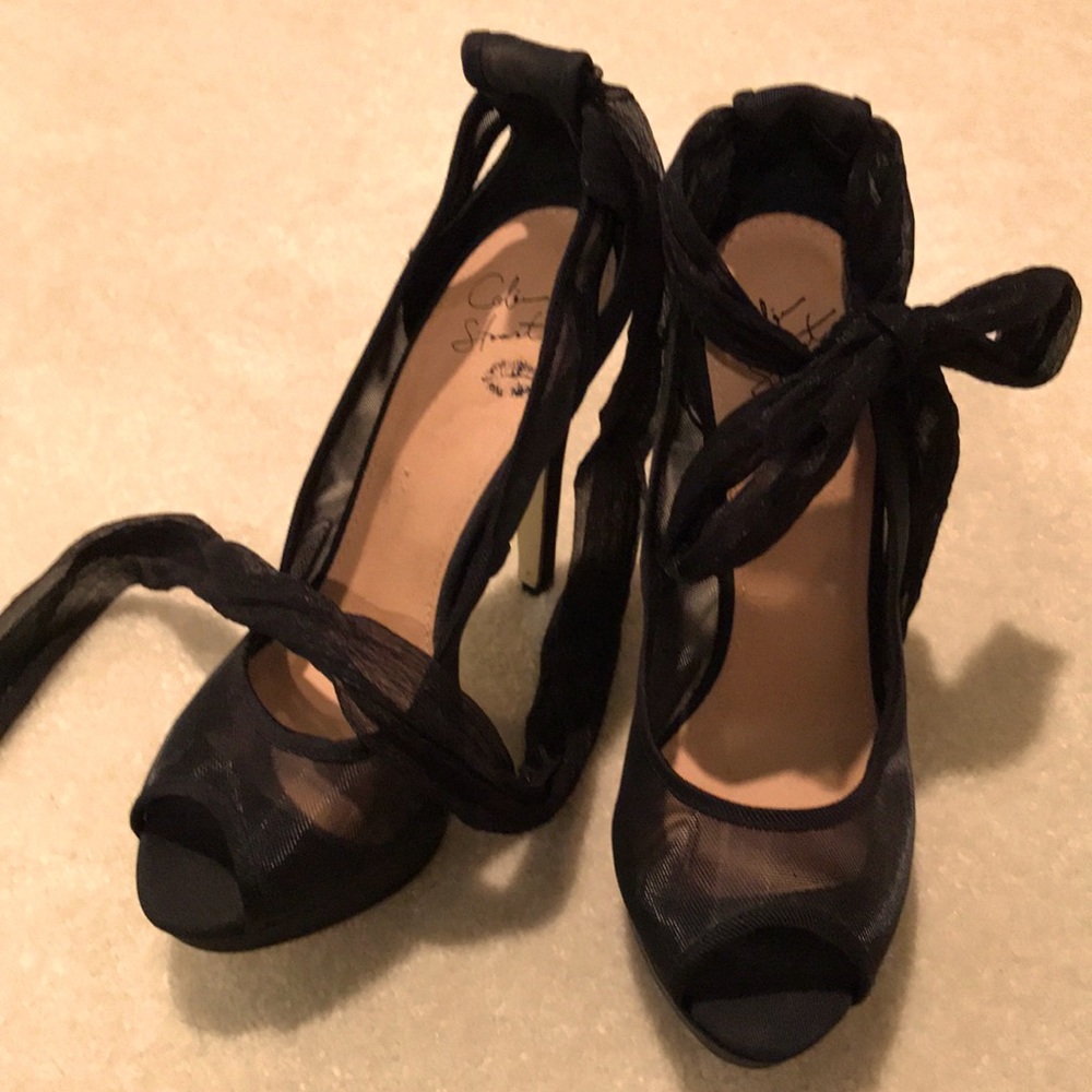 Colin Stewart black mesh peep toe platform heels